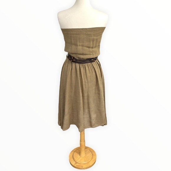 NWT Fashionista Khaki Strapless Flared Dress Linen Blend Macrame Belt - Picture 2 of 5